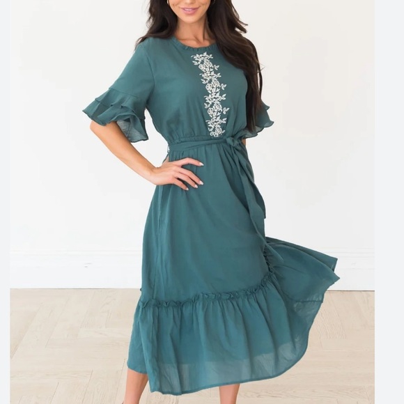 Teal Embroidered Midi Dress - Picture 1 of 8
